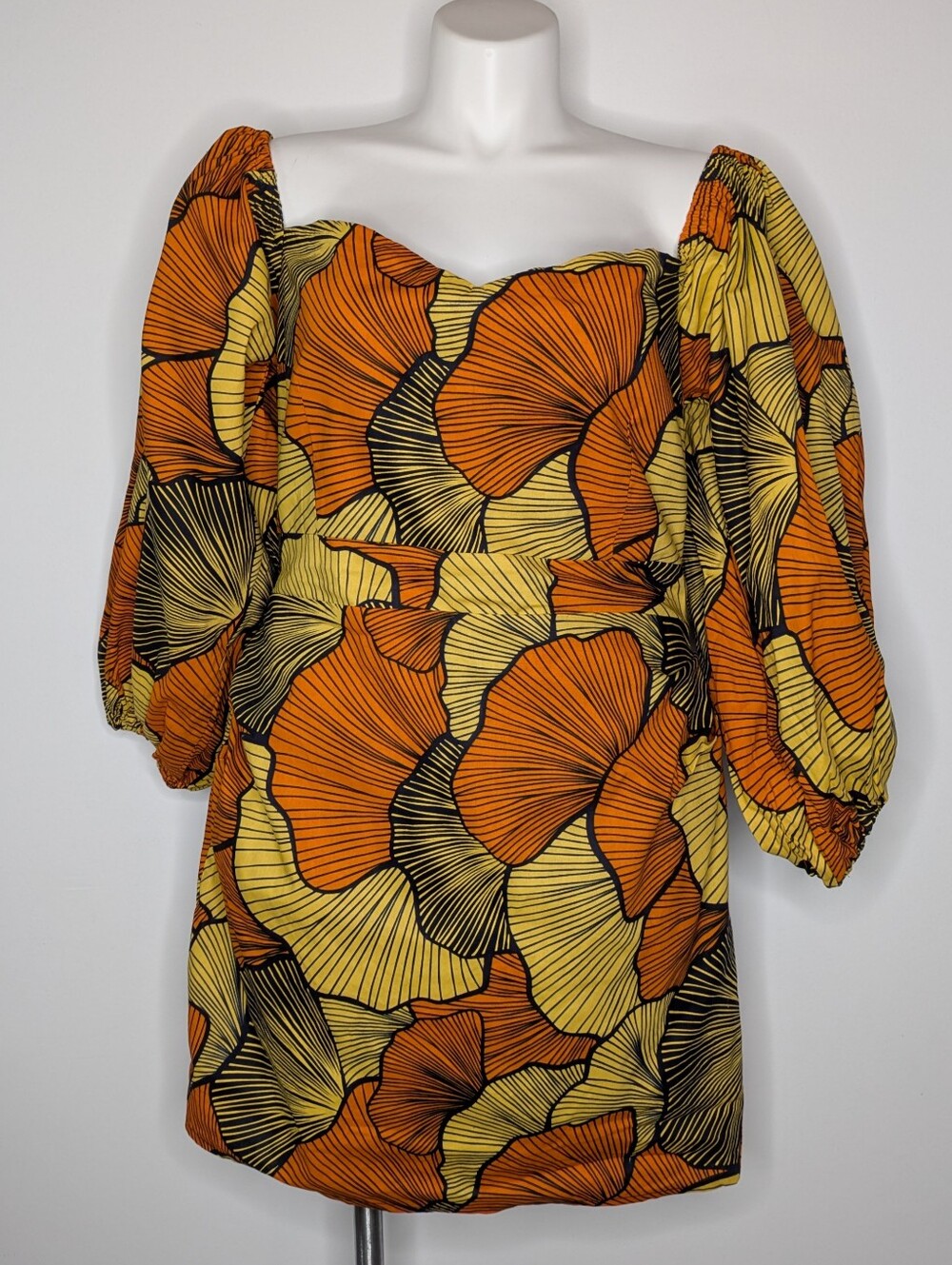 NWT Ofuure Ohi Yellow Orange Ginkgo Leaf Puff Sleeve Sweetheart Neck Mini Dress